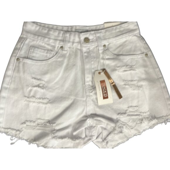 Track 23 Heavy R+T White High Rise Distressed Mom Shorts Size 1 - Picture 2 of 3